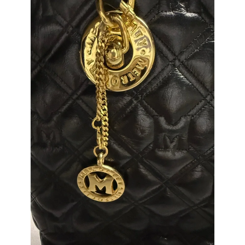 Metrocity Black Quilted Leather‎ Tote Bag Gold Hardware Logo Charm Shoulder Bag
